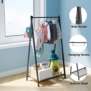 Bestier Kids Clothing Rack, Kids Garment Rack with Storage Shelf, Steel Costumes Clothes Hanging Rack, Small Clothes Rack with Hooks, Black