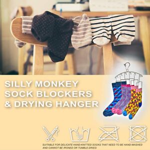 SILLY MONKEY Sock Blockers and Laundry Drying Hanger Rack Stainless Steel, Complete with 3 Pairs of Small, Medium, Large Sock Blockers for Fast Drying and Displaying Hand Knitted Socks