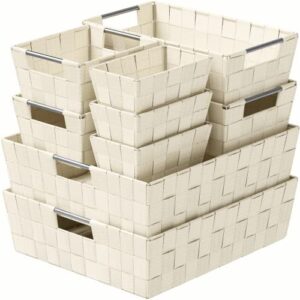 woven storage baskets for organizing - set of 9 fabric empty organizer bins with handles - great bin for organization, linen closet shelves & bathroom basket. empty baskets for gifts - (cream)