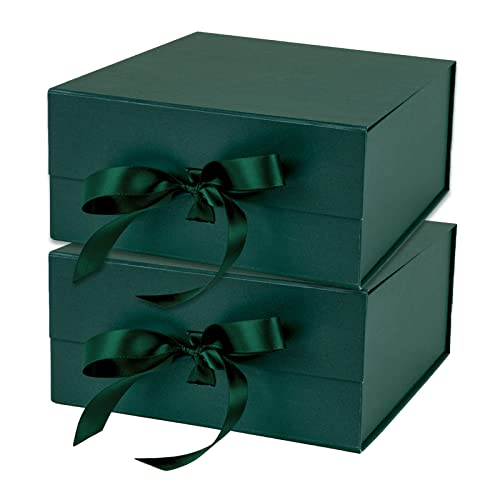 WRAPAHOLIC 2Pcs Green Gift Box with Satin Ribbon, 8x8x4 Inches Collapsible Gift Box with Magnetic Closure for Party, Wedding, Gift Wrap, Bridesmaid Proposal, Storage