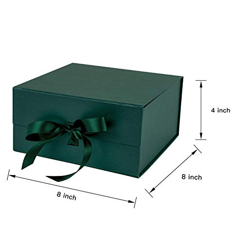 WRAPAHOLIC 2Pcs Green Gift Box with Satin Ribbon, 8x8x4 Inches Collapsible Gift Box with Magnetic Closure for Party, Wedding, Gift Wrap, Bridesmaid Proposal, Storage