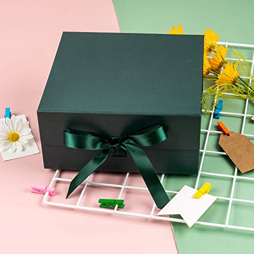 WRAPAHOLIC 2Pcs Green Gift Box with Satin Ribbon, 8x8x4 Inches Collapsible Gift Box with Magnetic Closure for Party, Wedding, Gift Wrap, Bridesmaid Proposal, Storage