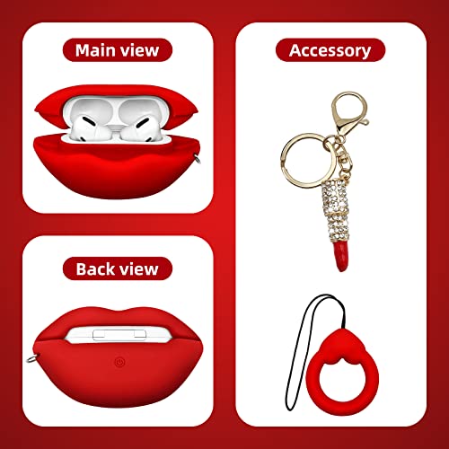 MOLOVA Case for Airpods Pro,Soft Silicone 3D Cute Funny Cool Fun Cartoon Character Kawaii Fashion Cover with Keychain for Woman Kids Teens Boys Girls(Red Lips)