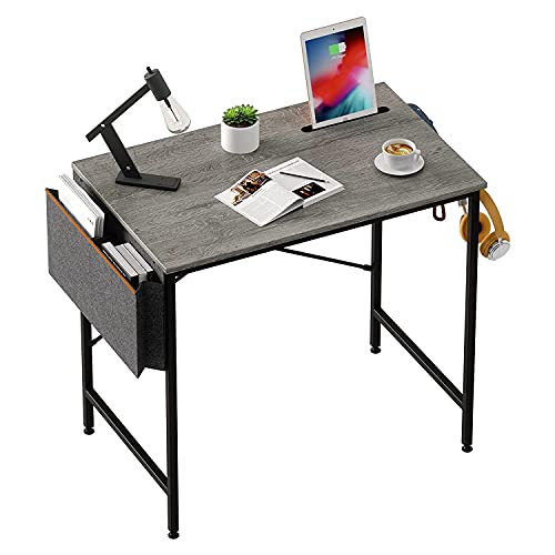 Bestier Computer 32 Inch Modern Mini Style Office Desk with Adjustable Metal Frame, Storage Bag, and Working Table for Small Bedroom Space, Grey