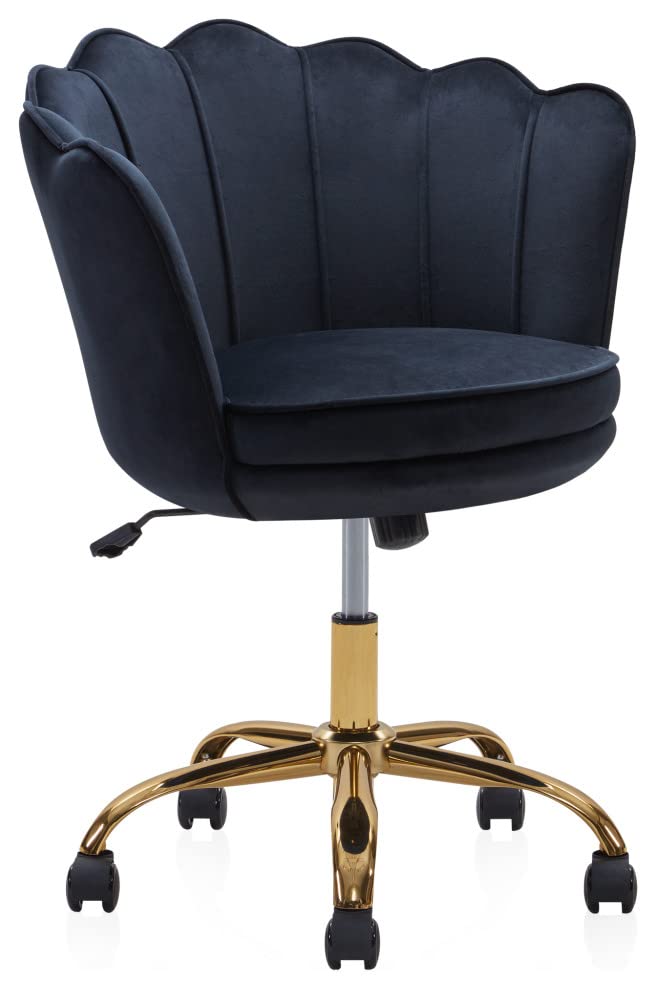 BELLEZE Upholstered Velvet Seashell Accent Chair, Rolling Swivel Office Vanity Unique Cute Decorative, Armless Stylish Comfy, Adjustable Height - Kaylee (Black - Gold)