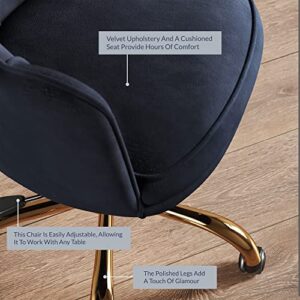 BELLEZE Upholstered Velvet Seashell Accent Chair, Rolling Swivel Office Vanity Unique Cute Decorative, Armless Stylish Comfy, Adjustable Height - Kaylee (Black - Gold)