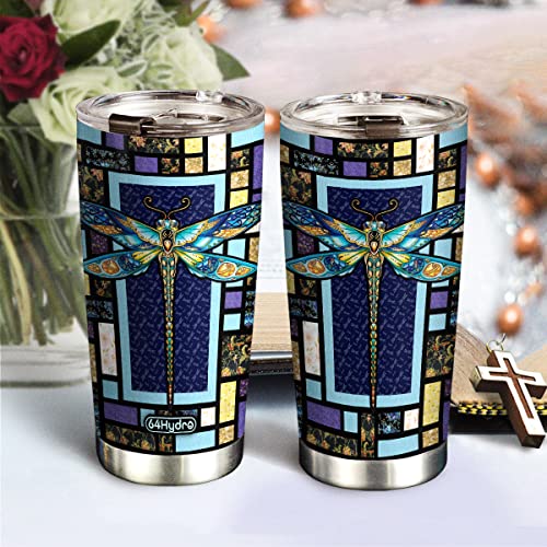 64HYDRO 20oz Dragonfly Gifts for Women, Valentines Day Gifts for Her, Birthday Gifts for Women, Mom, Wife, Daughter, Friends Inspirational Gifts Dragonfly Mosaic Tumbler Cup Travel Coffee Mug with Lid