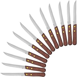 steak knives set of 12 - wooden handled serrated steak knives - economy pack by cusinium