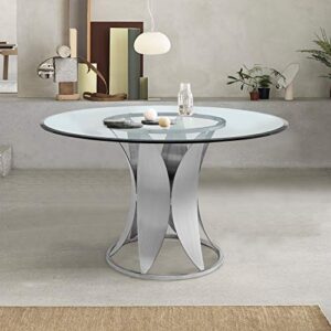 armen living petal modern glass round pedestal dining table, brushed stainless steel finishing
