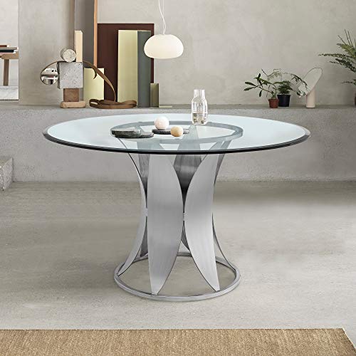 Armen Living Petal Modern Glass Round Pedestal Dining Table, Brushed Stainless Steel Finishing