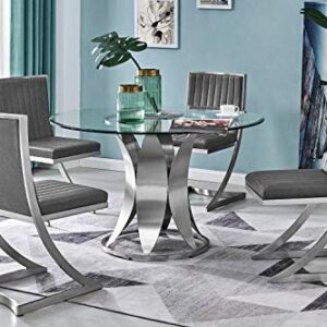 Armen Living Petal Modern Glass Round Pedestal Dining Table, Brushed Stainless Steel Finishing