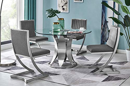 Armen Living Petal Modern Glass Round Pedestal Dining Table, Brushed Stainless Steel Finishing