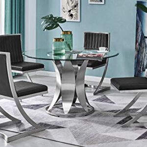 Armen Living Petal Modern Glass Round Pedestal Dining Table, Brushed Stainless Steel Finishing