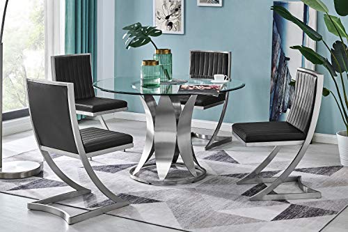 Armen Living Petal Modern Glass Round Pedestal Dining Table, Brushed Stainless Steel Finishing