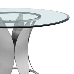 Armen Living Petal Modern Glass Round Pedestal Dining Table, Brushed Stainless Steel Finishing