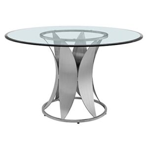 Armen Living Petal Modern Glass Round Pedestal Dining Table, Brushed Stainless Steel Finishing