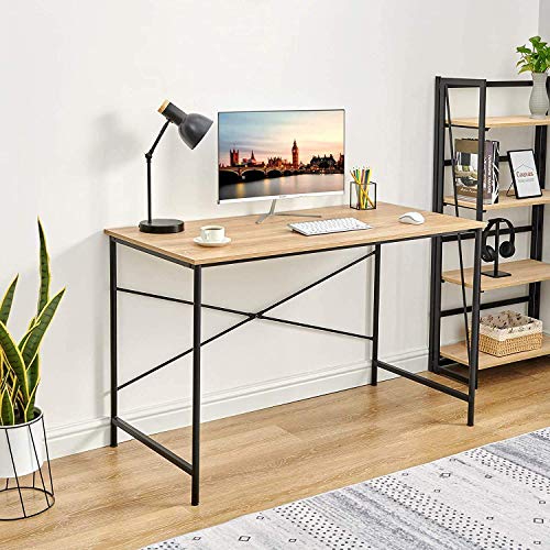 Coavas 47 inch Office Computer Desk Large Study Desk Simple Writing Table Workstation for Home, Oak Tabletop with Black Frame