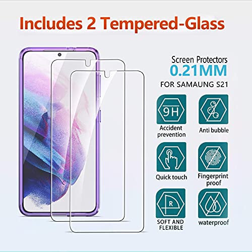 Ferilinso for Samsung Galaxy S21 Case, [NOT Fit S21+ Plus], with 2 Pack Tempered Glass Screen Protector [Hard PC Back TPU Flexible Frame] [Military Grade Protection] [10X Anti-Yellowing]-Purple Cover