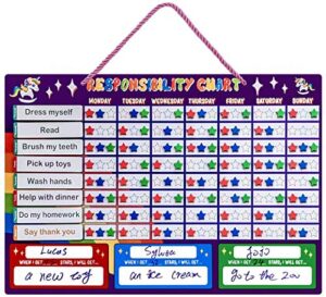 magnetic chore chart, responsibility reward chart for multiple kids toddlers unicorn good behavior reward chart for fridge at home gift for children - dry erasable, purple