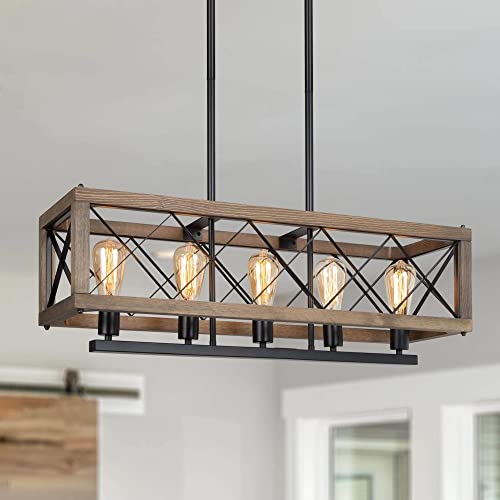 LALUZ Farmhouse Chandelier, 5-Light Chandeliers for Dining Room, 32" Rustic Wood Kitchen Island Lighting