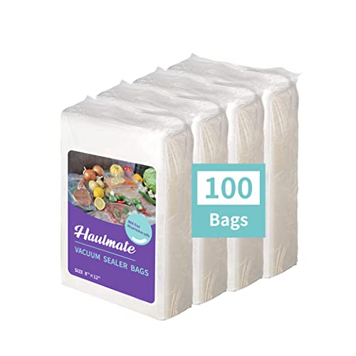 HAULMATE 8"x12" Vacuum Seal Bags - 100 Bags Food Saver Bags, Maximum Vacuum Sealer Suction for Sous Vide Cooking, Freezer & Microwave-Safe, Clamp Sealer Compatible, 7-layer Pierce-Resistant Material