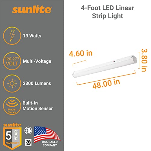 Sunlite 85500 4-Foot LED Linear Strip Light Fixture, 19 Watts, 120-277 Volts, 50,000 Hour, Motion Sensor, Suspension and Surface Mounting, Steel Body, ETL & DLC Listed Backup Battery, 4000K Cool White