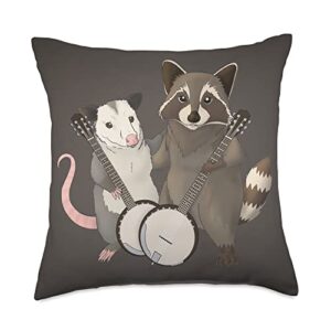 raccoon and possum wildlife pals opossum and raccoon musicians with banjos throw pillow, 18x18, multicolor