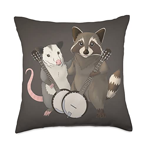 Raccoon and Possum Wildlife Pals Opossum and Raccoon Musicians with Banjos Throw Pillow, 18x18, Multicolor