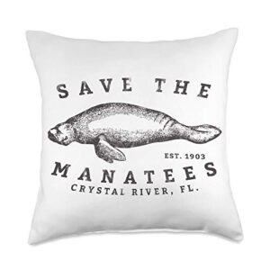 save the manatees vintage apparel save the manatee crystal river fl vinatage sea cow gift throw pillow, 18x18, multicolor