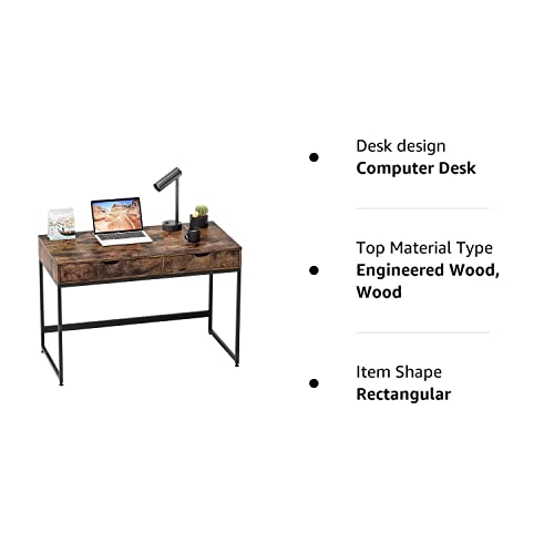 Bestier Small Rectangular Office Writing Computer Workstation Vanity Makeup Desk Minimal Elegant Simple Style with 2 Large Drawers, Rustic Brown