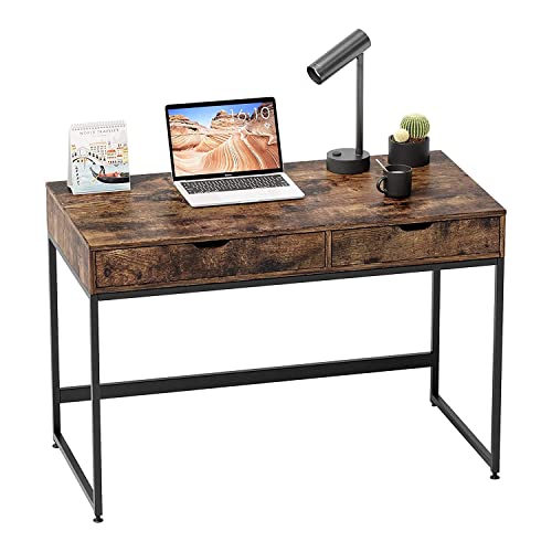 Bestier Small Rectangular Office Writing Computer Workstation Vanity Makeup Desk Minimal Elegant Simple Style with 2 Large Drawers, Rustic Brown