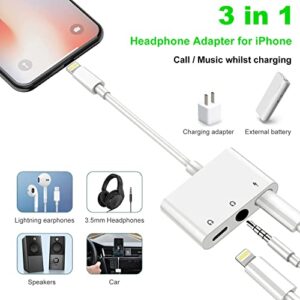 3 in 1 Headphone Adapter for iPhone, Lightning to 3.5 mm Headphone Jack Adapter, Lightning Audio & Charging Adapter Dongle Cable Splitter Compatible with iPhone 14 13 12 11 XS XR X 8 7 iPad