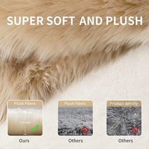 Faux Fur Rug for Bedroom, Fluffy Runner Rugs Soft Sheepskin Rug Sofa Couch Seat Cushion, 2x6ft Beige Plush Area Rug Shag Rugs Floor Carpets for Nursery Bedside, Cute Shaggy Fuzzy Home Decor