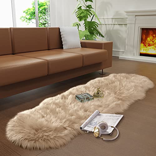 Faux Fur Rug for Bedroom, Fluffy Runner Rugs Soft Sheepskin Rug Sofa Couch Seat Cushion, 2x6ft Beige Plush Area Rug Shag Rugs Floor Carpets for Nursery Bedside, Cute Shaggy Fuzzy Home Decor