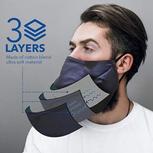 BLU HORN Face Mask from Large to 2XL(X-Large), with nose wire, adjustable loop, breathable (XX-Large, Black (3-Pack))