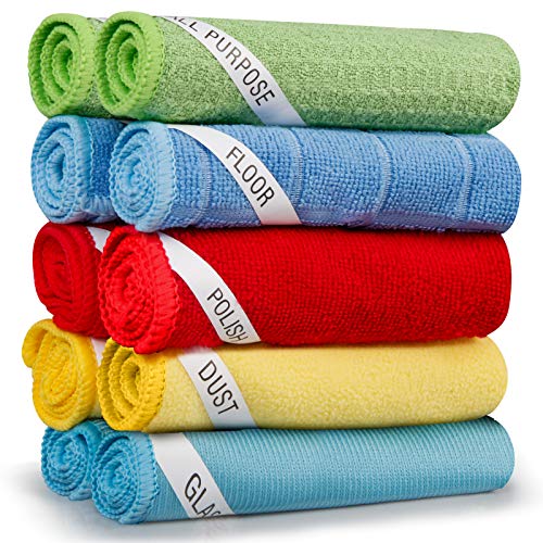 MEXERRIS Microfiber Cleaning Cloth Rags for Glass Floor Polish Dust Multifunctional All Purpose Labeled , Reusable Dish Rags Cleaning Lint Free Streak Free Wipes for House, Kitchen, Windows - 10 Pack
