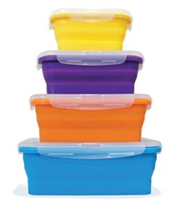 flat stacks collapsible storage containers | set of 4 rectangle silicone food storage containers | bpa free | bps free | dishwasher, freezer, and microwave safe | save space in your container drawer!