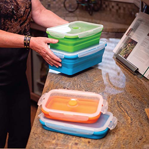 Flat Stacks Collapsible Storage Containers | Set of 4 Rectangle Silicone Food Storage Containers | BPA Free | BPS Free | Dishwasher, Freezer, and Microwave Safe | Save Space in your Container Drawer!