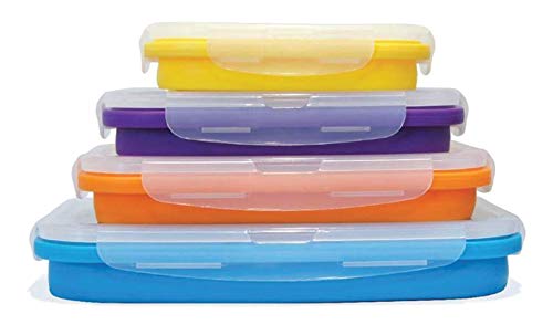 Flat Stacks Collapsible Storage Containers | Set of 4 Rectangle Silicone Food Storage Containers | BPA Free | BPS Free | Dishwasher, Freezer, and Microwave Safe | Save Space in your Container Drawer!