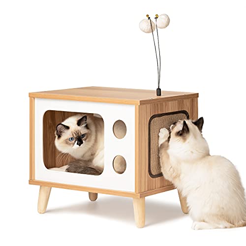 Cat House Wooden Cat Condo Cat Bed Indoor TV-Shaped Sturdy Large Luxury Cat Shelter Furniture with Cushion Cat Scratcher Bell Ball Toys