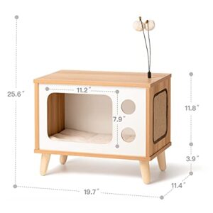 Cat House Wooden Cat Condo Cat Bed Indoor TV-Shaped Sturdy Large Luxury Cat Shelter Furniture with Cushion Cat Scratcher Bell Ball Toys