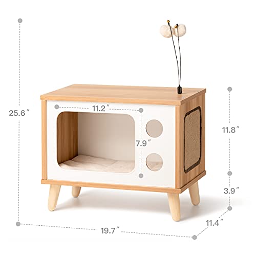 Cat House Wooden Cat Condo Cat Bed Indoor TV-Shaped Sturdy Large Luxury Cat Shelter Furniture with Cushion Cat Scratcher Bell Ball Toys