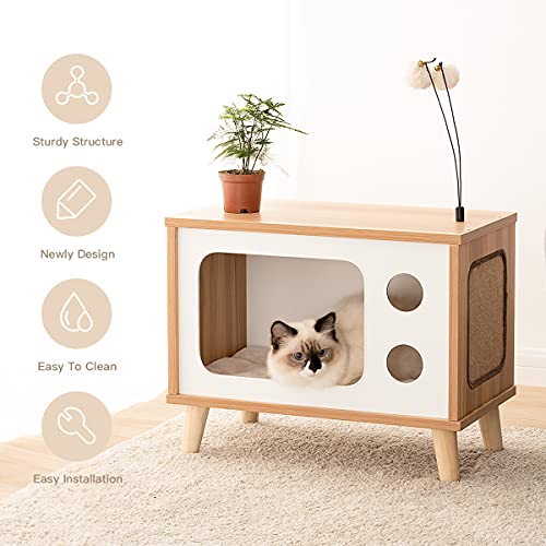 Cat House Wooden Cat Condo Cat Bed Indoor TV-Shaped Sturdy Large Luxury Cat Shelter Furniture with Cushion Cat Scratcher Bell Ball Toys