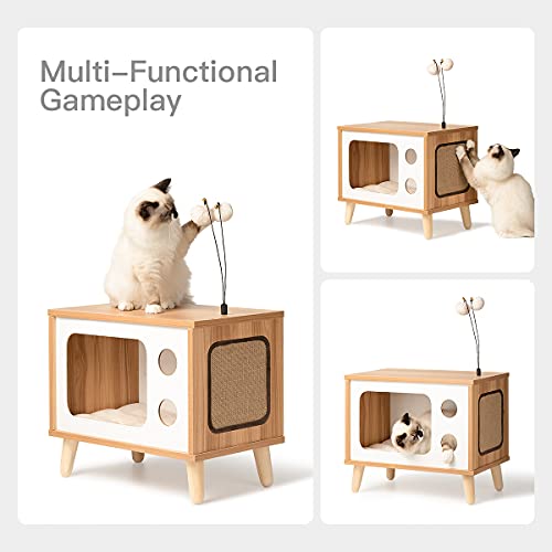 Cat House Wooden Cat Condo Cat Bed Indoor TV-Shaped Sturdy Large Luxury Cat Shelter Furniture with Cushion Cat Scratcher Bell Ball Toys