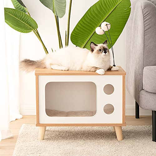 Cat House Wooden Cat Condo Cat Bed Indoor TV-Shaped Sturdy Large Luxury Cat Shelter Furniture with Cushion Cat Scratcher Bell Ball Toys