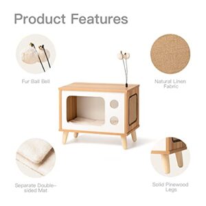 Cat House Wooden Cat Condo Cat Bed Indoor TV-Shaped Sturdy Large Luxury Cat Shelter Furniture with Cushion Cat Scratcher Bell Ball Toys