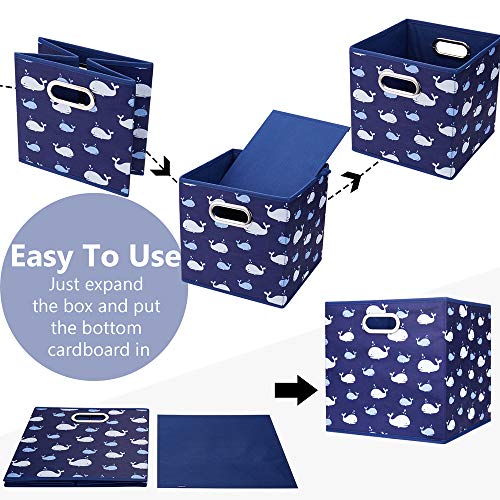 HSDT 13 inch Collapsible Storage Cubes Bins Fabric Storage Boxes Blue Foldable Cube Inserts Storage White Whale Folding Cloth Storage Baskets Drawer Organizer ,QY-SC04-6