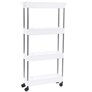 modern home 4 tier narrow sliding storage organizer rack - laundry/bathroom/kitchen rolling cart (white)