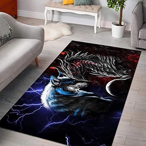 Red Blue Dragon and Wolf Rug Area Rug for Living Dinning Room Bedroom Kitchen, Nursery Rug Floor Carpet Yoga Mat