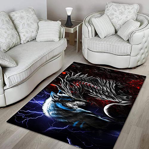 Red Blue Dragon and Wolf Rug Area Rug for Living Dinning Room Bedroom Kitchen, Nursery Rug Floor Carpet Yoga Mat